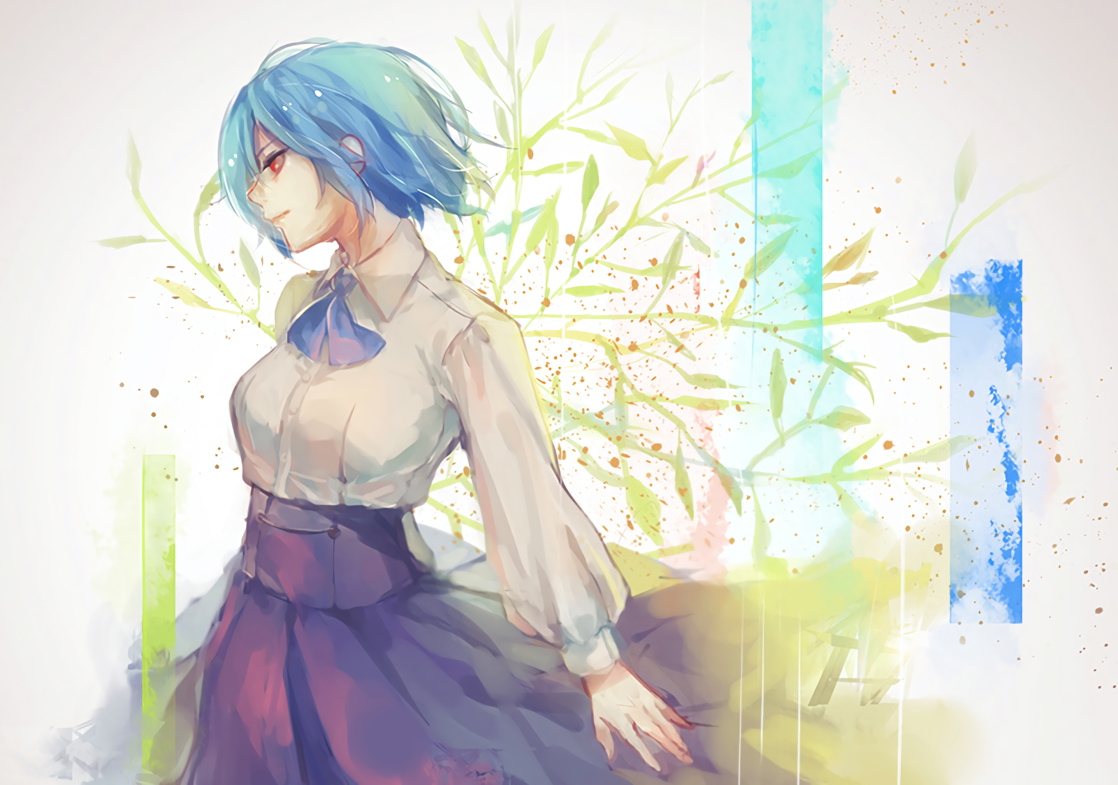 HD desktop wallpaper featuring Touka Kirishima from Tokyo Ghoul with short blue hair, set against an abstract background with colorful, artistic elements.
