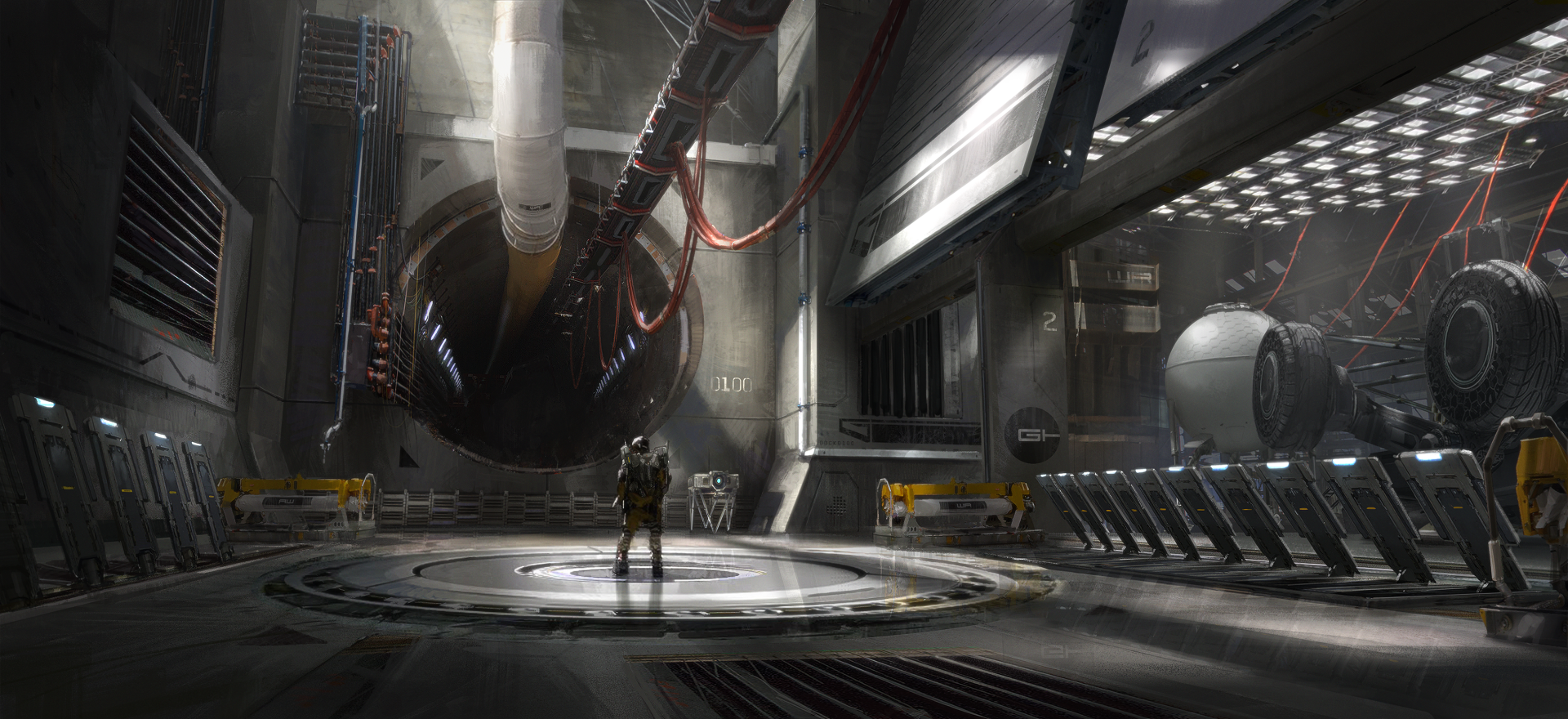 A sci-fi landscape depicting a lone figure standing in a futuristic, industrial tunnel with high-tech machinery, captured in HD for a PC desktop wallpaper.