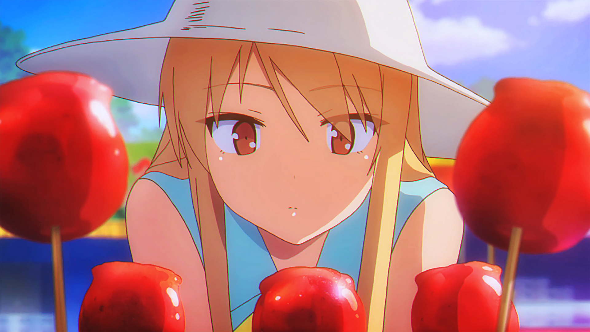 HD desktop wallpaper featuring Mashiro Shiina from Sakurasou no Pet na Kanojo. She is shown wearing a large hat, closely examining candied apples in vibrant colors.