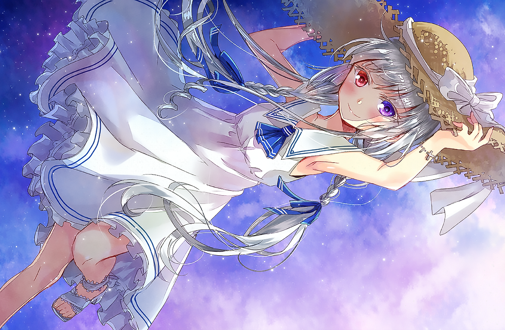 Anime girl with white hair in twintails, wearing a straw hat and dress, floating against a dreamy, colorful background. HD desktop wallpaper with a serene, original art style.