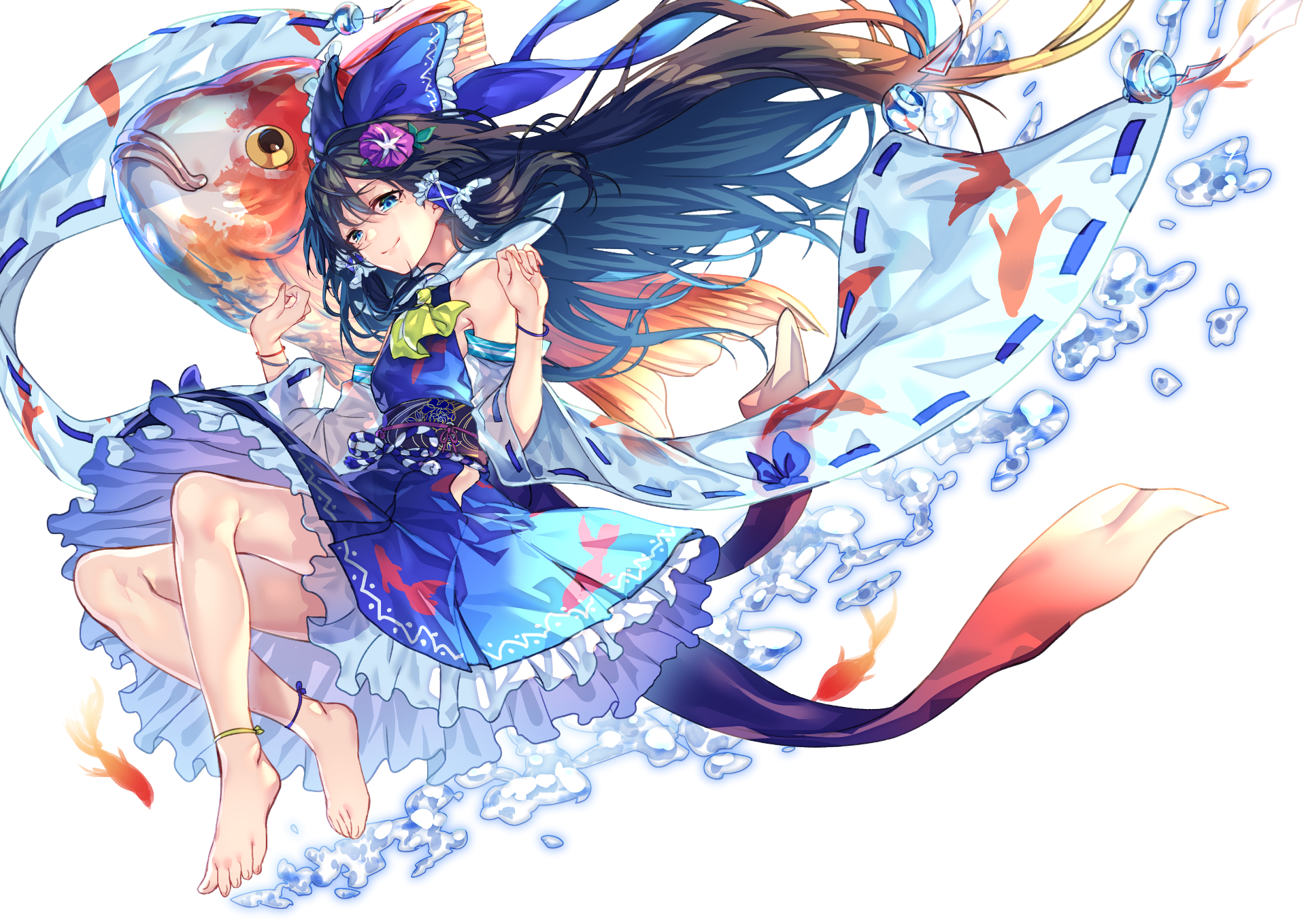 HD anime desktop wallpaper featuring Reimu Hakurei from Touhou, showcasing vibrant colors and dynamic composition with flowing hair and koi fish elements.