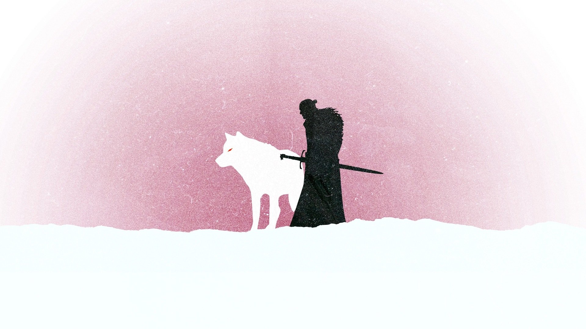 Minimalist HD desktop wallpaper featuring a silhouette of Jon Snow with his sword and Ghost the direwolf against a soft pink and white background from the TV show Game of Thrones.