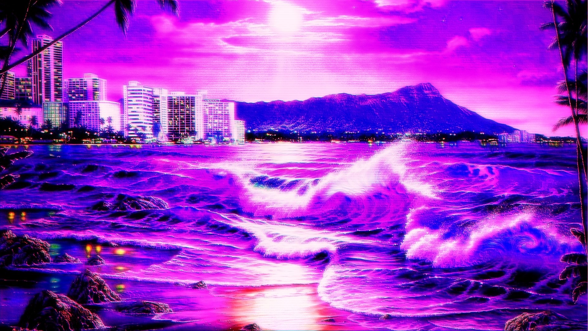 Retro artistic HD PC desktop wallpaper and background: neon purple sea and shore with crashing waves, lit beachfront skyline and distant volcanic ridge beneath a glowing sun.