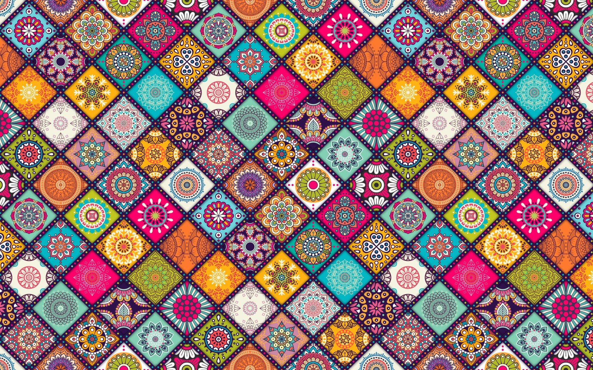 HD desktop wallpaper featuring a vibrant, colorful pattern of squares with artistic and floral designs.