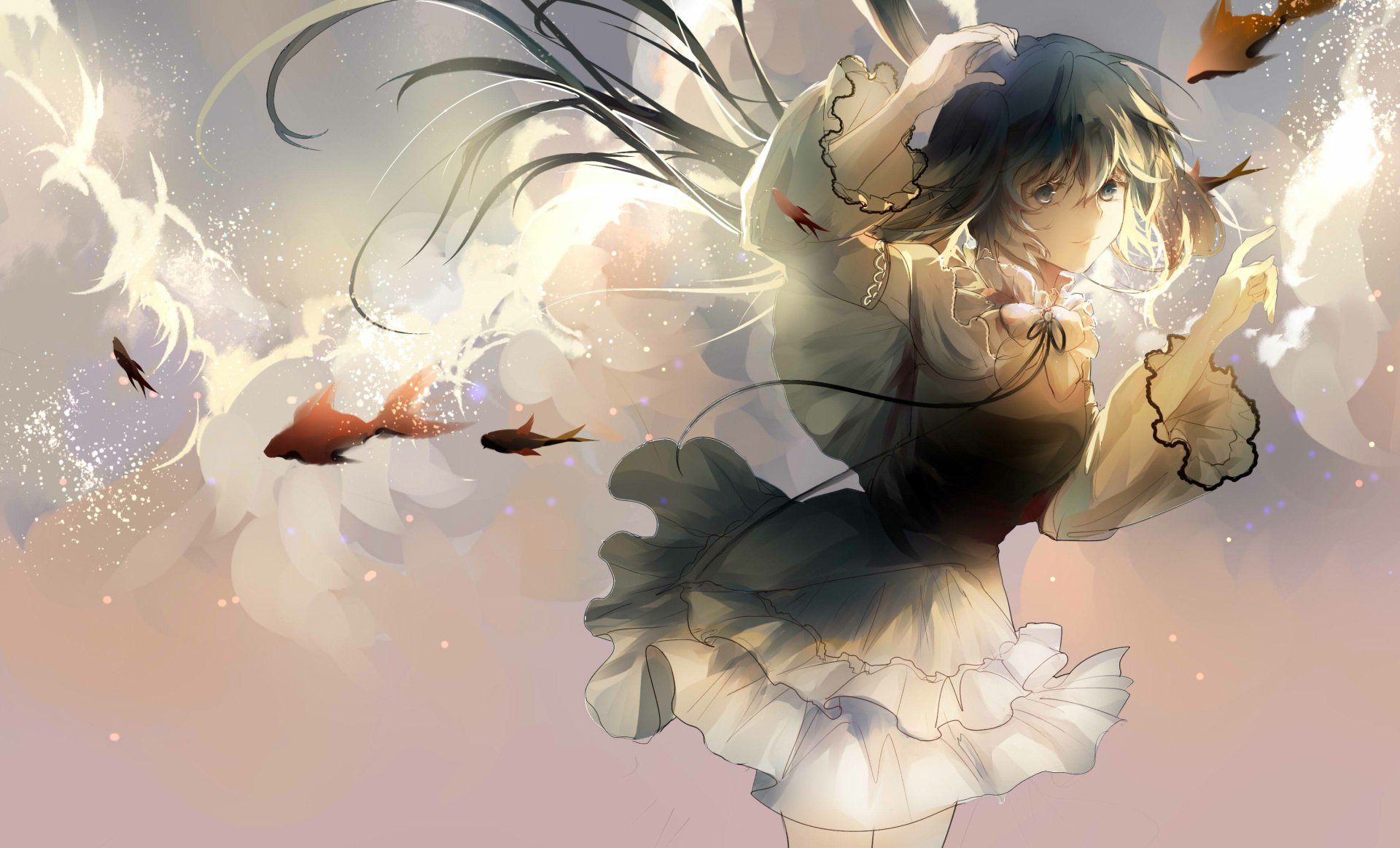 HD PC desktop wallpaper featuring Hatsune Miku from Vocaloid, depicted in an anime style with flowing hair and a dynamic pose against a soft, cloudy background.