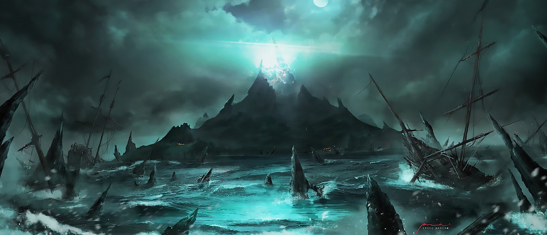 HD PC desktop wallpaper background, a fantasy landscape of a jagged obsidian mountain island rising from glowing teal seas, wrecked ships and spires beneath a stormy, moonlit sky.