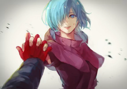 HD desktop wallpaper of Touka Kirishima from Tokyo Ghoul, featuring her smiling and holding a hand.