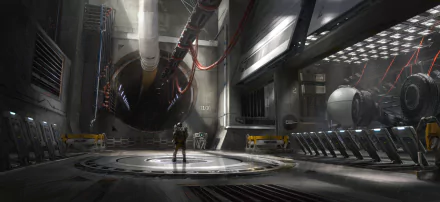 A sci-fi landscape depicting a lone figure standing in a futuristic, industrial tunnel with high-tech machinery, captured in HD for a PC desktop wallpaper.