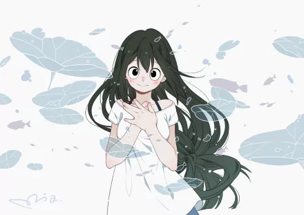 An HD desktop wallpaper featuring Tsuyu Asui from the anime My Hero Academia. Tsuyu is depicted with a serene expression, surrounded by abstract leaf and fish motifs on a light background.