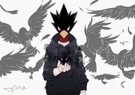 HD desktop wallpaper featuring Fumikage Tokoyami from My Hero Academia. Tokoyami is depicted holding Dark Shadow, surrounded by silhouettes of birds.