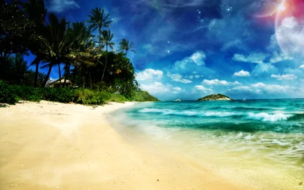 HD desktop wallpaper of a tranquil beach with golden sand, lush palm trees, crystal-clear ocean waves, and a stunning blue sky with wispy clouds. Nature's beauty captured in vivid detail.