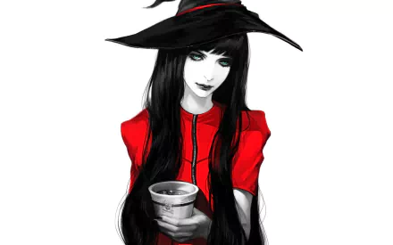 long hair black hair cup witch hat fantasy witch HD Desktop Wallpaper | Background Image