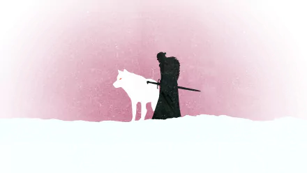 Minimalist HD desktop wallpaper featuring a silhouette of Jon Snow with his sword and Ghost the direwolf against a soft pink and white background from the TV show Game of Thrones.