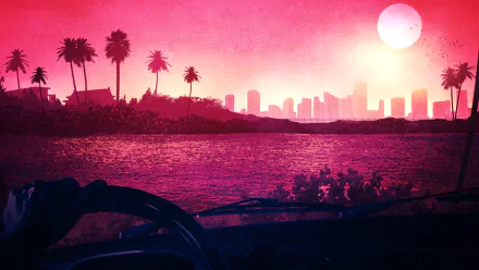 Artistic retro HD wallpaper of Los Angeles skyline at sunset, viewed across water with silhouetted palm trees and a glowing sun in a vibrant pink and purple palette.
