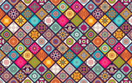 HD desktop wallpaper featuring a vibrant, colorful pattern of squares with artistic and floral designs.