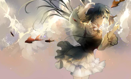 HD PC desktop wallpaper featuring Hatsune Miku from Vocaloid, depicted in an anime style with flowing hair and a dynamic pose against a soft, cloudy background.