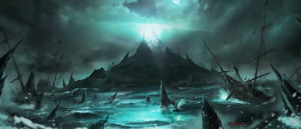 HD PC desktop wallpaper background, a fantasy landscape of a jagged obsidian mountain island rising from glowing teal seas, wrecked ships and spires beneath a stormy, moonlit sky.