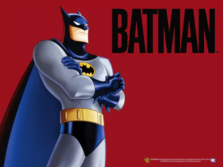 HD PC desktop wallpaper from the TV show Batman: The Animated Series — Batman stands arms-crossed on a red background with large BATMAN text.