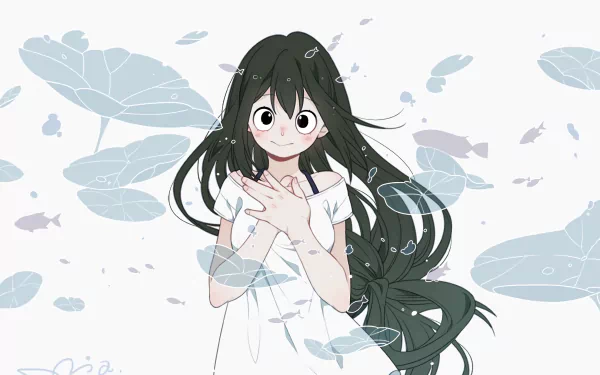An HD desktop wallpaper featuring Tsuyu Asui from the anime My Hero Academia. Tsuyu is depicted with a serene expression, surrounded by abstract leaf and fish motifs on a light background.