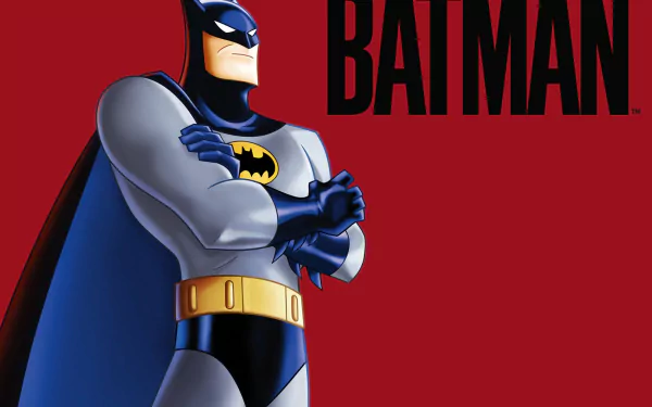 HD PC desktop wallpaper from the TV show Batman: The Animated Series — Batman stands arms-crossed on a red background with large BATMAN text.