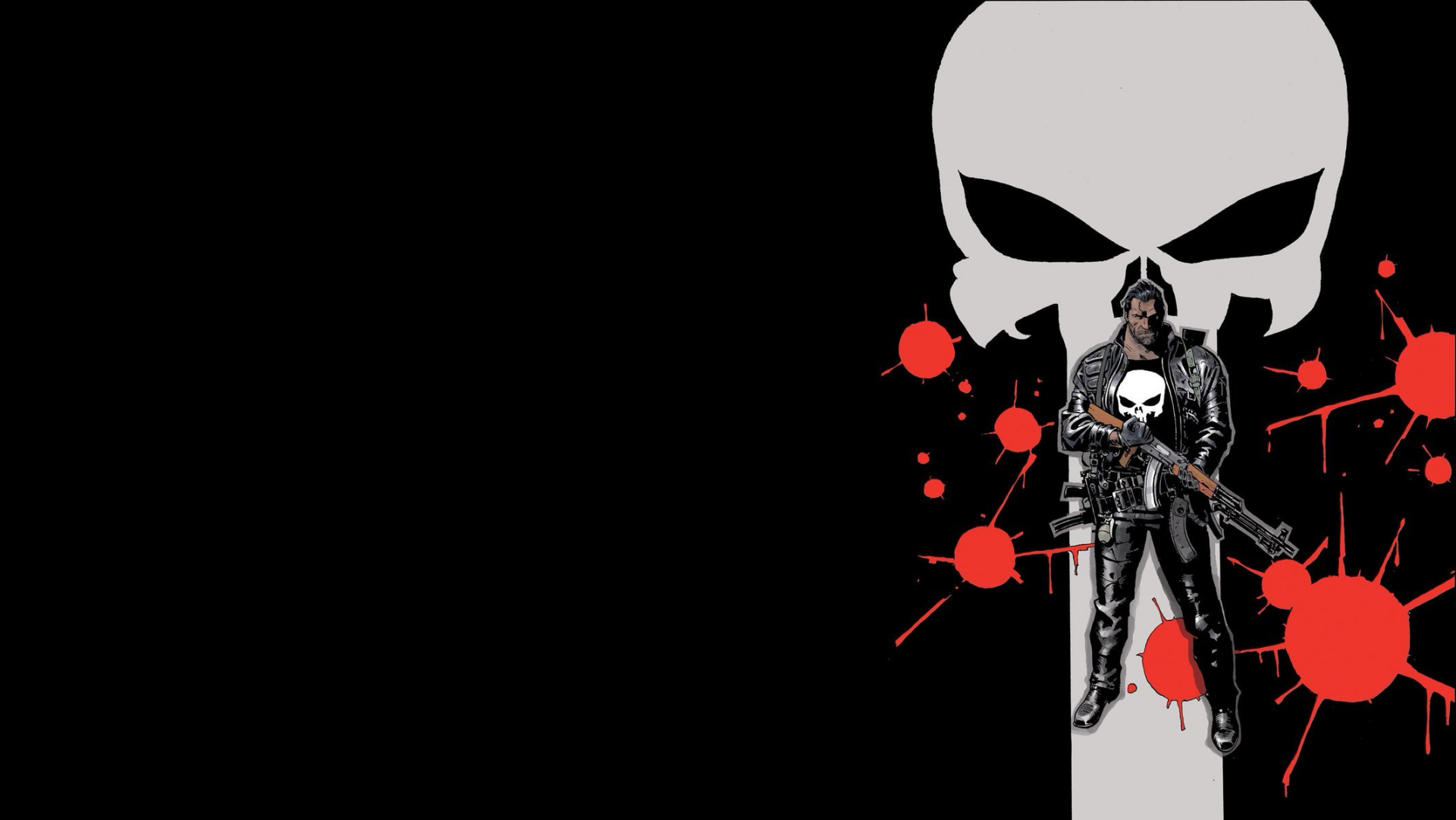 HD PC desktop wallpaper background: comic-style Punisher with skull emblem, rifle and red blood-splatter accents on black.