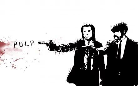 A striking HD desktop wallpaper featuring iconic characters from the movie Pulp Fiction, with a minimalist design and dynamic pose, highlighting the film's unforgettable style.