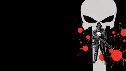 HD PC desktop wallpaper background: comic-style Punisher with skull emblem, rifle and red blood-splatter accents on black.