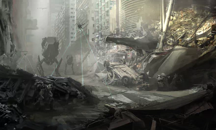 A sci-fi city in ruins during a warzone, featuring alien and military elements amidst apocalyptic destruction, captured in high-definition detail.