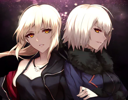 HD desktop wallpaper featuring Saber Alter and Jeanne d'Arc Alter from Fate/Grand Order anime series, showcasing their intense expressions against a dark background.