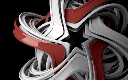 A high-definition abstract image featuring intertwined red, white, and grey shapes against a black background, creating a modern and cool desktop wallpaper.