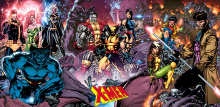 HD desktop wallpaper featuring X-Men characters including Jean Grey, Storm, Cyclops, Beast, Jubilee, Rogue, Psylocke, Gambit, Colossus, and Wolverine, set against a dynamic comic book background.