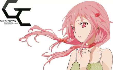 HD PC desktop wallpaper featuring Inori Yuzuriha from the anime Guilty Crown, with flowing pink hair and a serene expression against a white background.