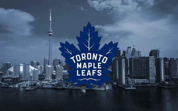 HD wallpaper featuring the Toronto Maple Leafs logo set against a black-and-white Toronto cityscape with the CN Tower and waterfront buildings in the background.