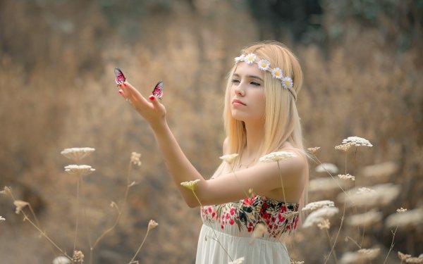 Women Model Blonde White Dress Wreath Flower Butterfly Mood Depth Of Field HD Wallpaper | Background Image