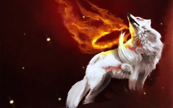 A stunning HD wallpaper featuring a majestic wolf from the video game Ōkami, surrounded by fiery elements against a rich red background, capturing the game's artistic essence.