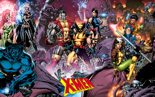 HD desktop wallpaper featuring X-Men characters including Jean Grey, Storm, Cyclops, Beast, Jubilee, Rogue, Psylocke, Gambit, Colossus, and Wolverine, set against a dynamic comic book background.