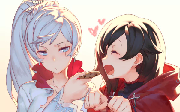 Weiss Schnee feeds a cookie to Ruby Rose in a vibrant, colorful illustration from RWBY. This HD desktop wallpaper captures their playful friendship beautifully.