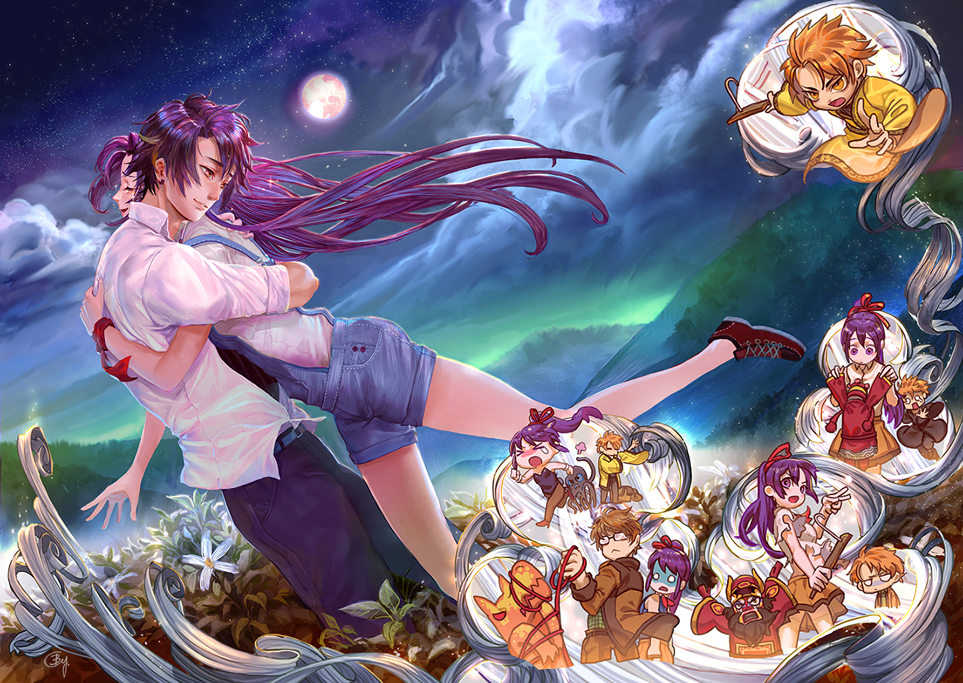 Anime Girl Exorcist HD PC desktop wallpaper and background, long-haired exorcist girl leaps over a moonlit field with aurora and chibi companions in floating bubbles.