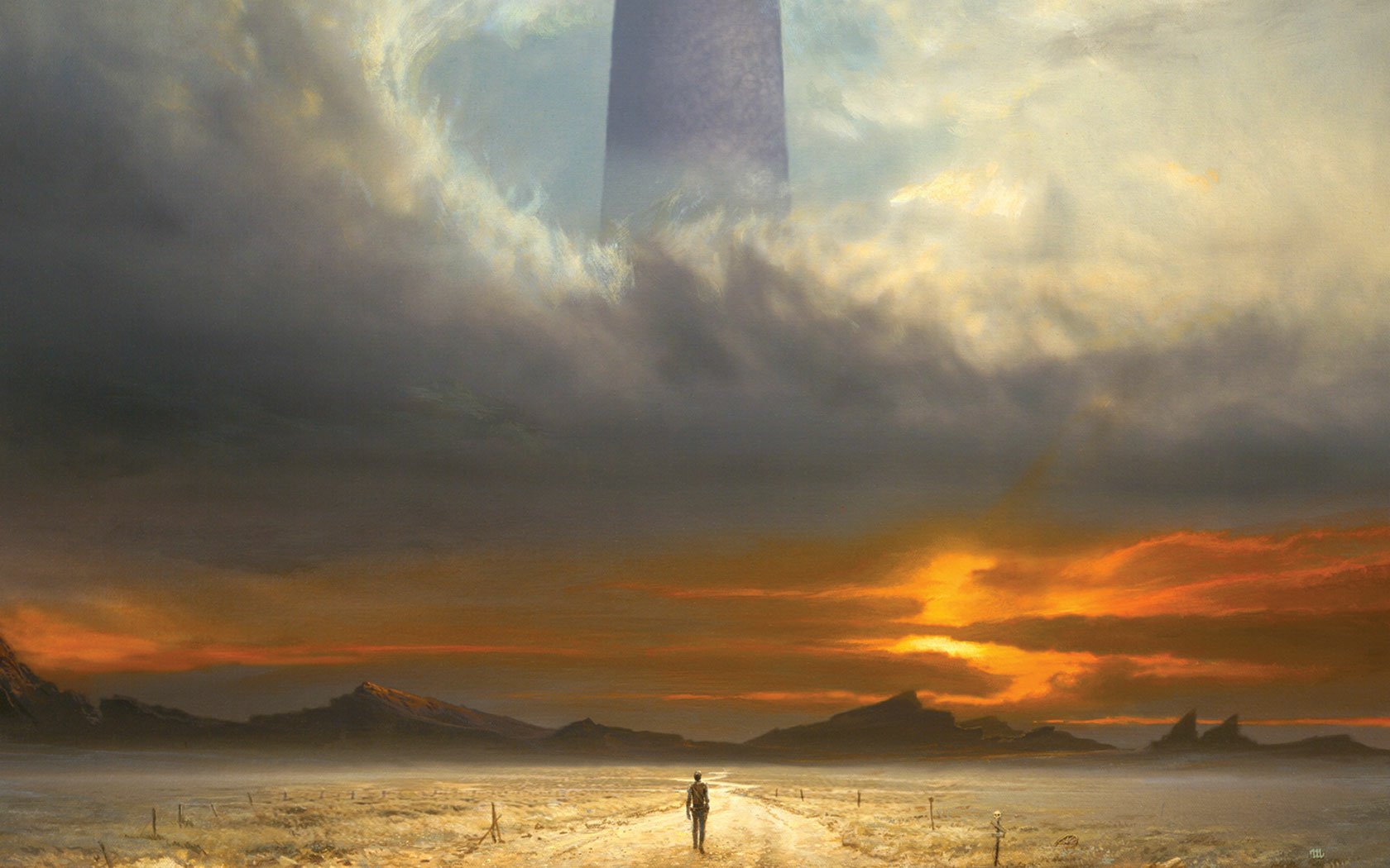 HD PC desktop wallpaper: fantasy comic-style scene inspired by Stephen King’s Dark Tower — a lone wanderer crosses a sunlit plain toward a distant spire piercing storm clouds.
