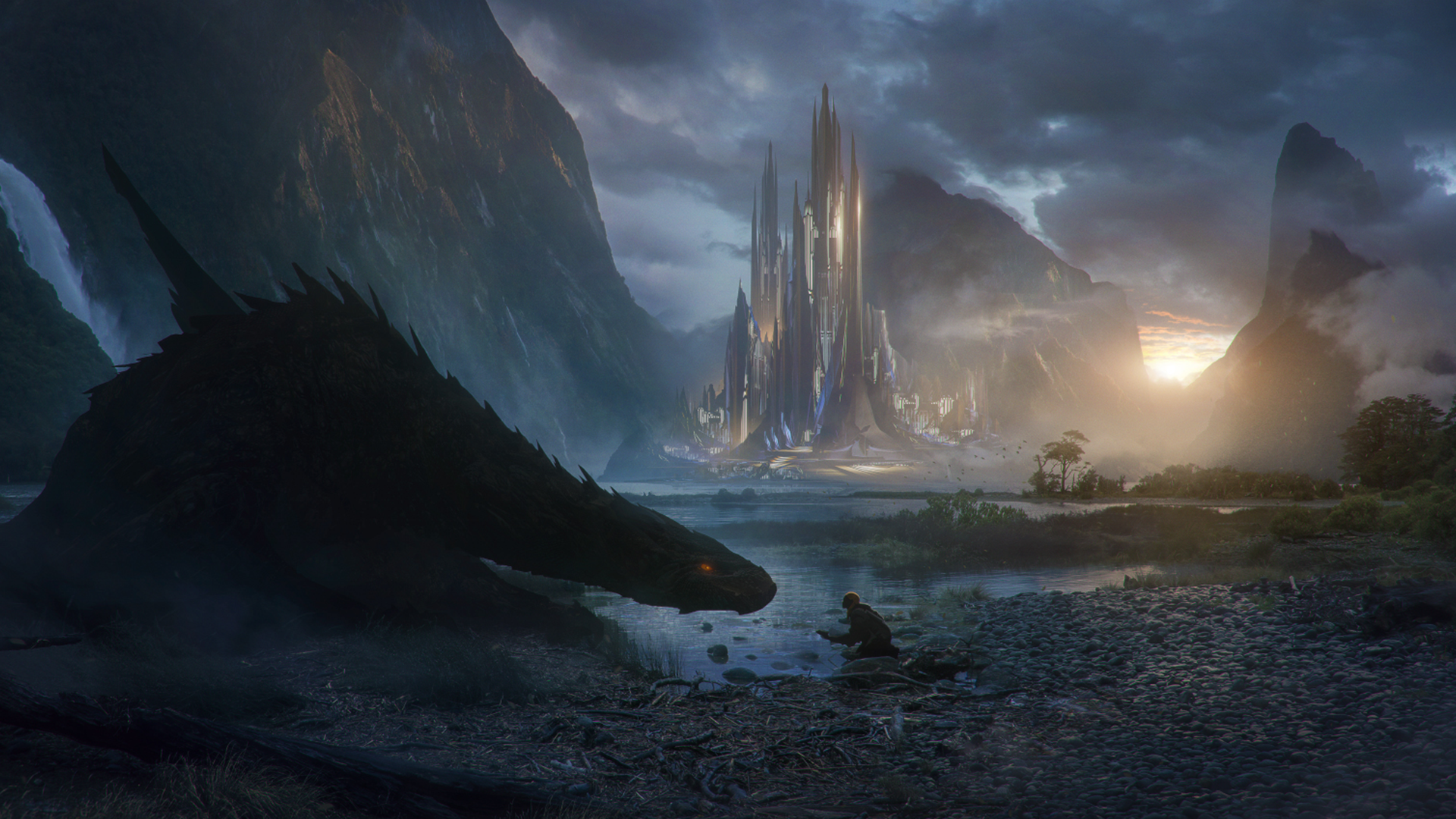 A dramatic fantasy landscape featuring towering spires and a looming dragon, set against a misty backdrop of mountains and a serene lake, creating an immersive HD desktop wallpaper.