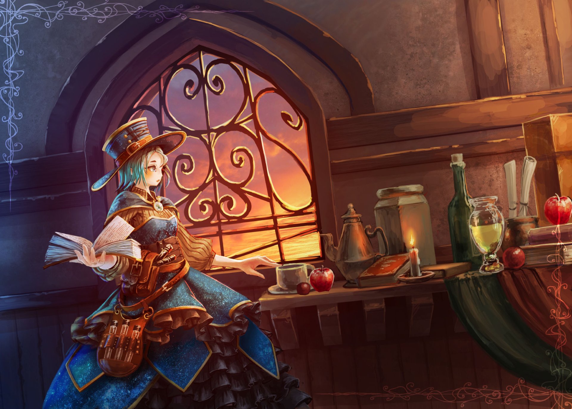 Anime-style original HD desktop wallpaper featuring a wizard in a dress and top hat reading a book by a window with apples and magical items on the table.