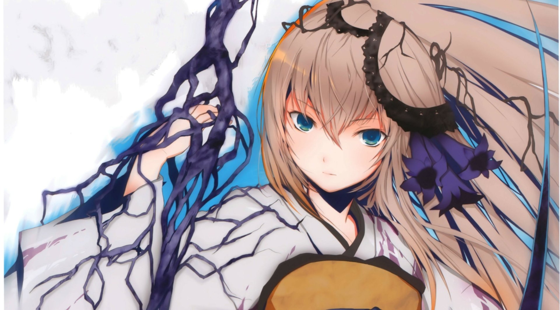 Anime-style original HD desktop wallpaper featuring a character with long hair, striking blue eyes, and intricate clothing with dark, flowing energy details.