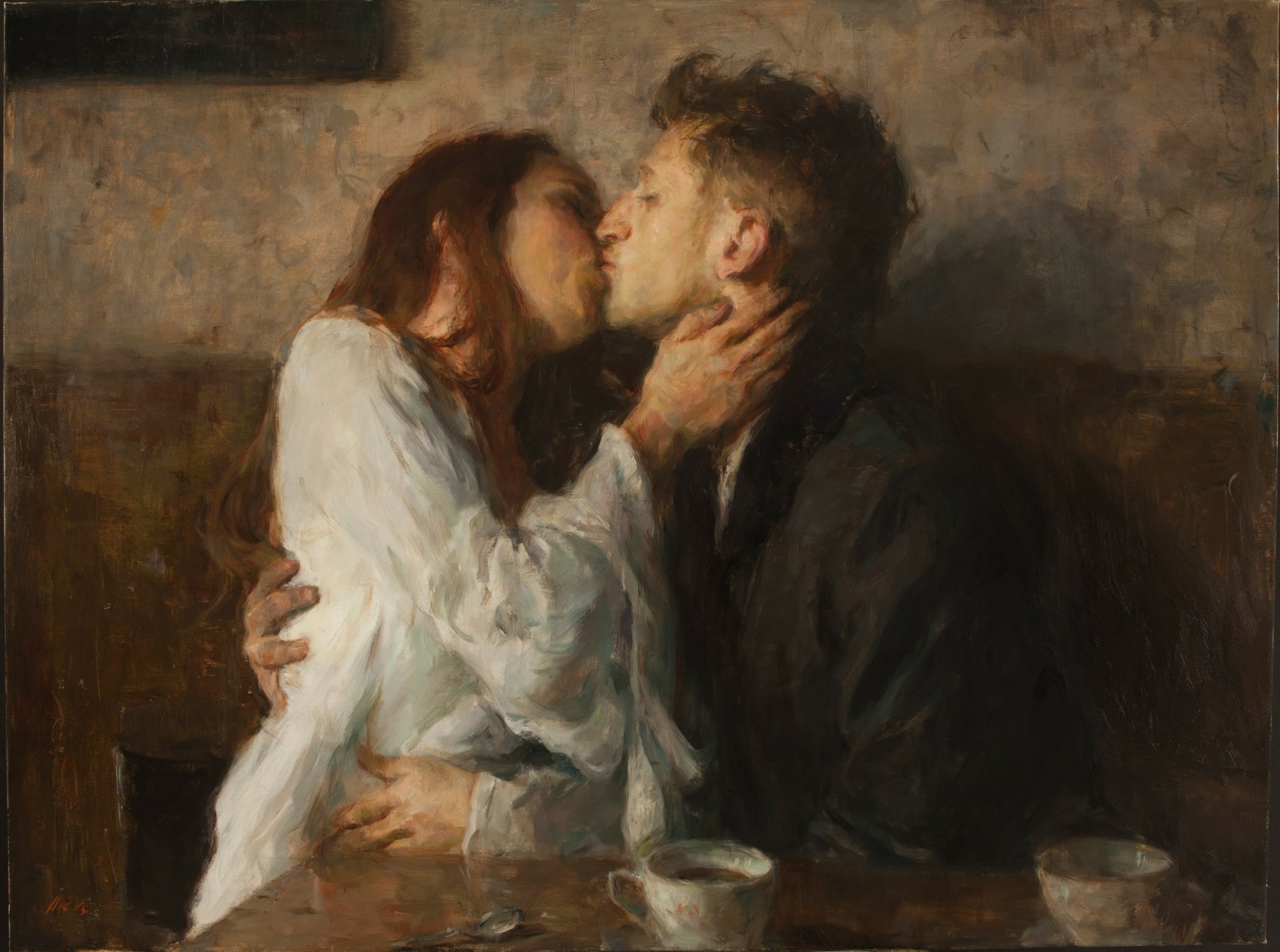 Artistic painting of a couple kissing, a tender expression of love — 4K Ultra HD PC desktop wallpaper and background.