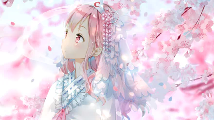 HD anime desktop wallpaper of Yuyuko Saigyouji from Touhou, surrounded by blooming cherry blossoms in spring, capturing a serene and ethereal atmosphere.
