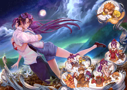 Anime Girl Exorcist HD PC desktop wallpaper and background, long-haired exorcist girl leaps over a moonlit field with aurora and chibi companions in floating bubbles.