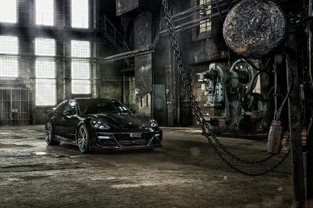 Black Porsche Panamera parked inside an abandoned factory with large windows, industrial machinery, and a rugged, gritty atmosphere in this HD PC desktop wallpaper.