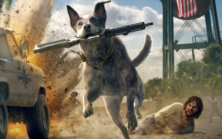 HD desktop wallpaper featuring Boomer, the Australian Cattle Dog from the video game Far Cry 5, running with a weapon in its mouth amidst an action-packed scene.