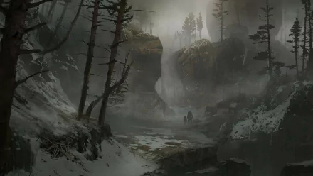 An HD desktop wallpaper and background from the video game God of War (2018) featuring a misty, forested landscape with towering rock formations and sparse trees.