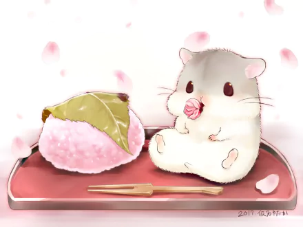 HD anime desktop wallpaper featuring a cute hamster with flower on its nose next to a pink rice ball wrapped in a leaf, set against a soft, pastel background.