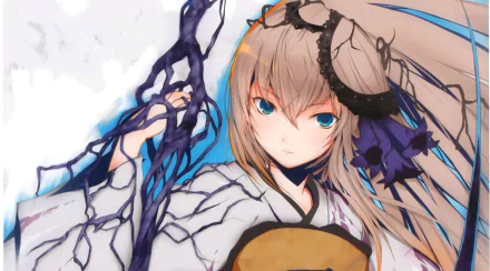 Anime-style original HD desktop wallpaper featuring a character with long hair, striking blue eyes, and intricate clothing with dark, flowing energy details.
